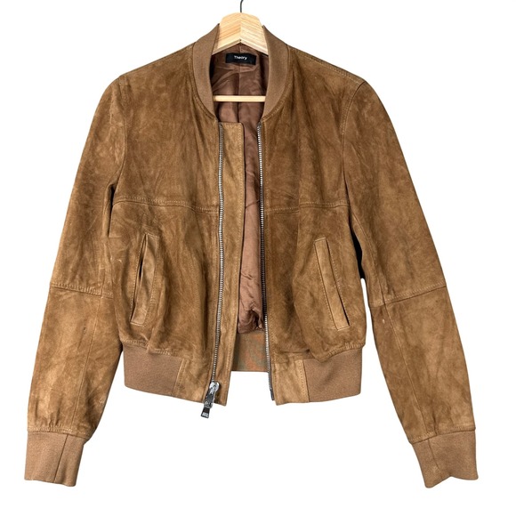 Theory Jackets & Blazers - Theory Renna Suede Lamb Leather Bomber Jacket Brown Small Full Zip Pocket